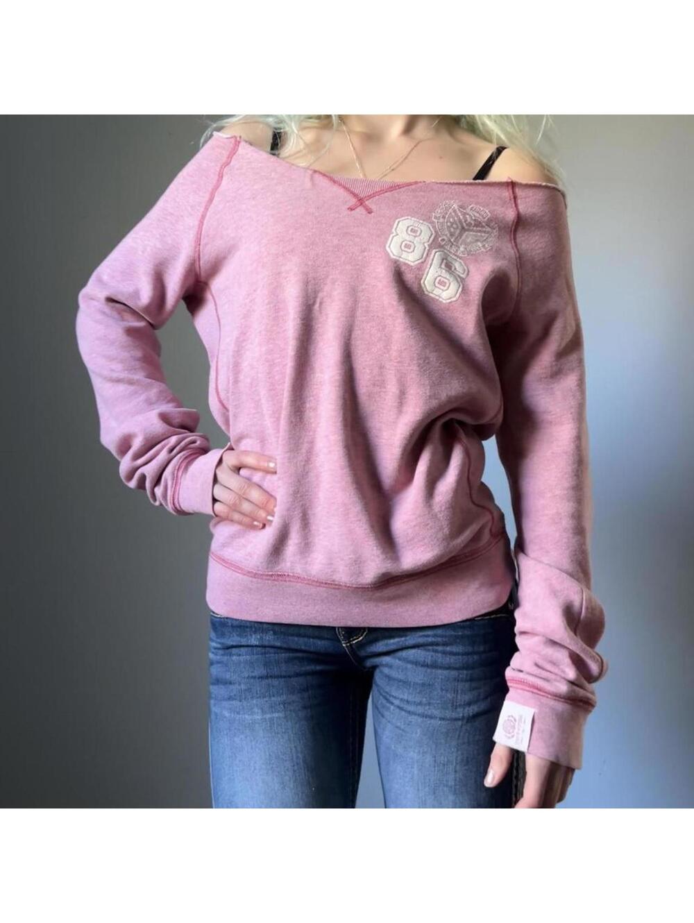 Vintage y2k PINK off the shoulder crewneck